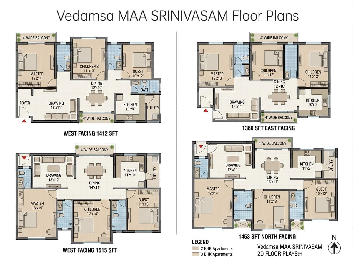 MAA Srinivasam 2D Unit Floor Plans 1412 SFT, 1515 SFT, 1360 SFT, 1453 SFT