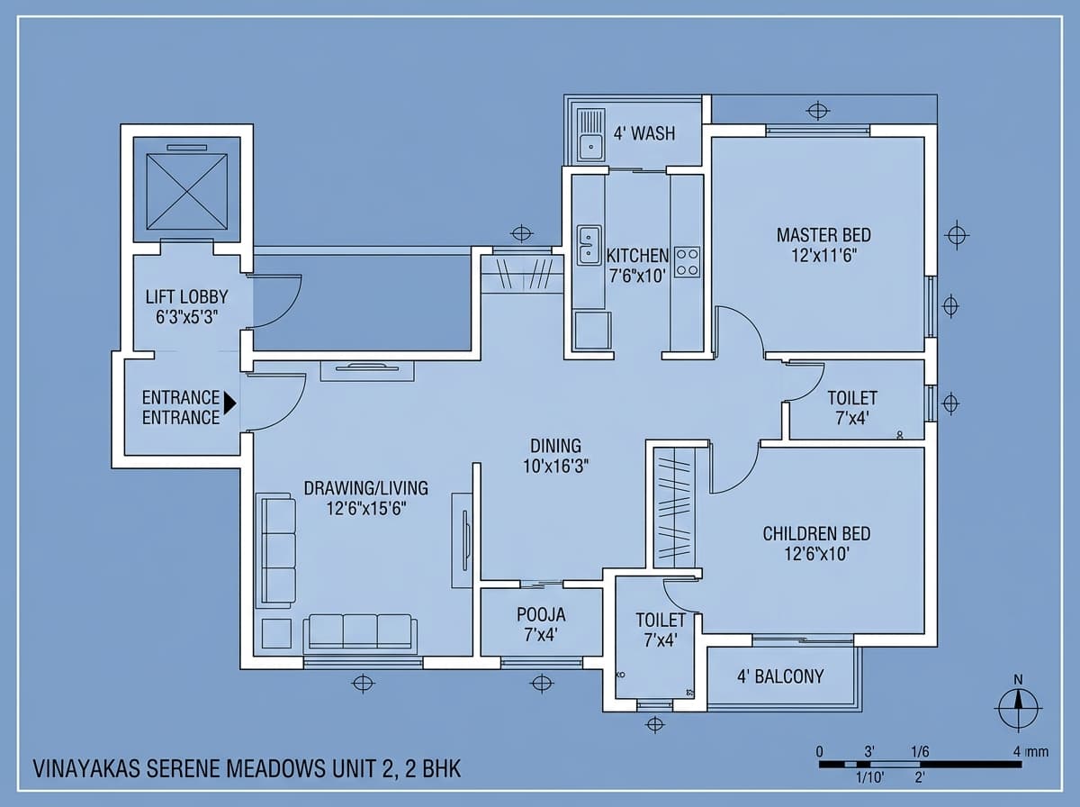 Vinayakas Serene Meadows 2 BHK Floor Plan 1200 SFT