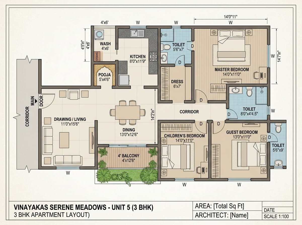 Vinayakas Serene Meadows 3 BHK Floor Plan 1600-1750 SFT